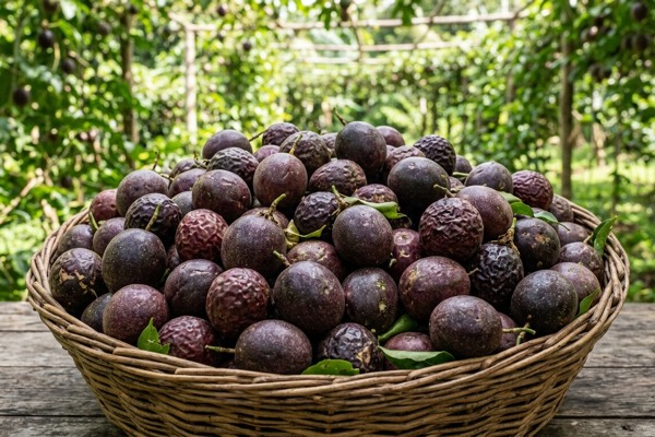 Basket of freshly harvested purple passion fruit