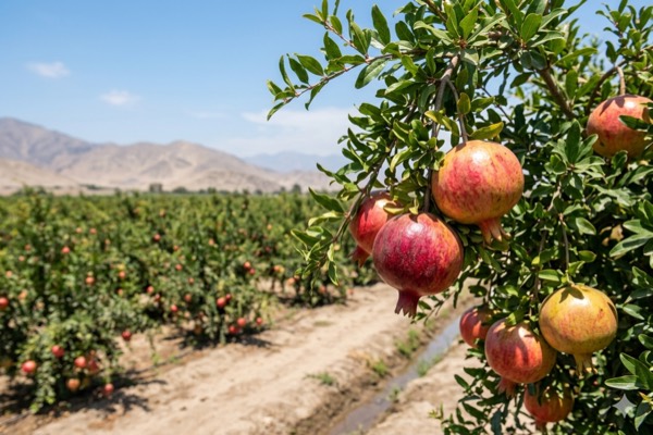 Pomegranates ripening on the tree in a coastal valley orchard